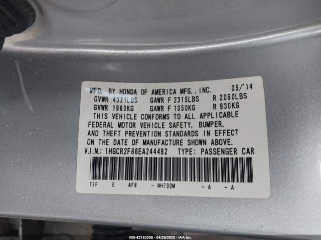 1HGCR2F86EA244492 Honda Accord Ex-l
