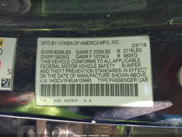 1HGCV1F40JA129965 Honda ACCORD EX