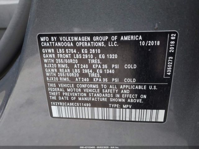 2019 VOLKSWAGEN ATLAS 1V2YR2CA9KC511490 Photo 8