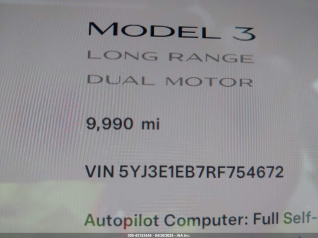 5YJ3E1EB7RF754672 Tesla Model 3 Long Range Dual Motor All-wheel Drive