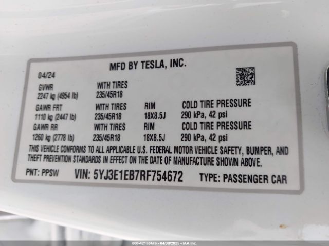 5YJ3E1EB7RF754672 Tesla Model 3 Long Range Dual Motor All-wheel Drive