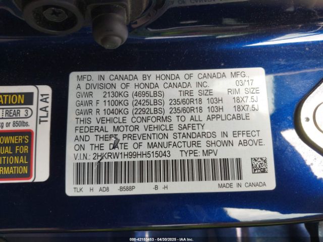 2HKRW1H99HH515043 Honda Cr-v Touring