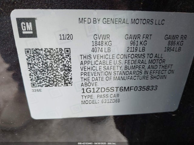 1G1ZD5ST6MF035833 Chevrolet Malibu Fwd Lt