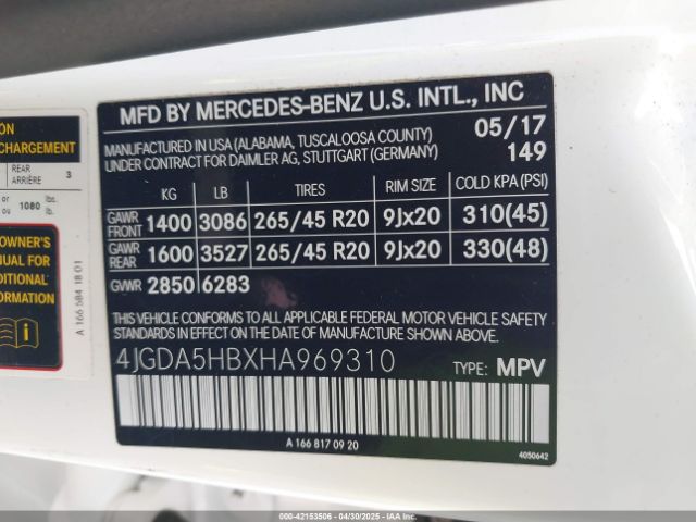 4JGDA5HBXHA969310 Mercedes-Benz m276