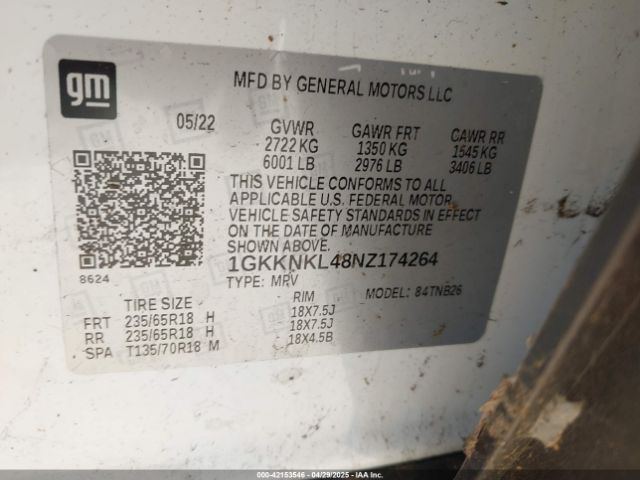 1GKKNKL48NZ174264 GMC Acadia Fwd Sle