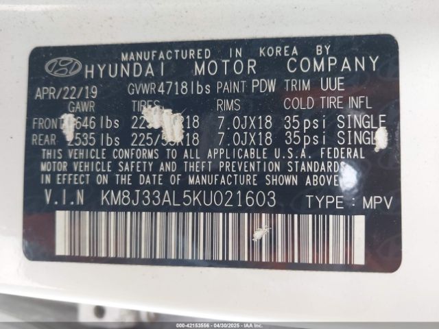 KM8J33AL5KU021603 Hyundai TUCSON SEL
