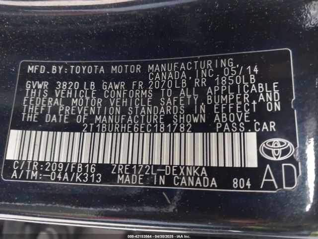 2T1BURHE6EC181782 Toyota Corolla Le Plus