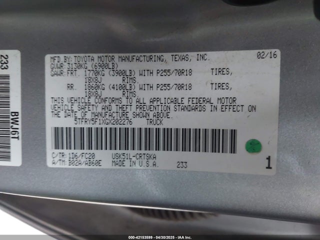 5TFRY5F1XGX202276 Toyota 3ur-fe
