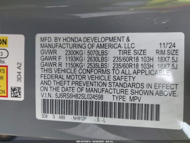 5J6RS6H82SL024598 Honda Cr-v Hybrid Sport-l