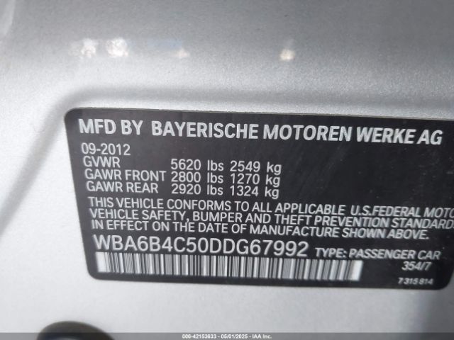2013 BMW 650I GRAN COUPE WBA6B4C50DDG67992 Photo 8
