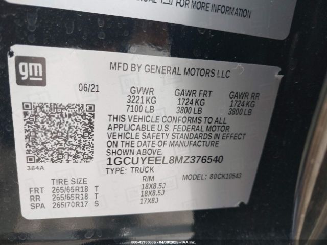 1GCUYEEL8MZ376540 Chevrolet Silverado 1500 4wd  Short Bed Rst