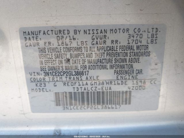 3N1CE2CP2GL386617 Nissan Versa Note S Plus