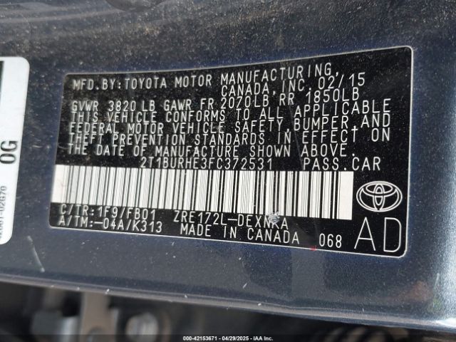 2T1BURHE3FC372531 Toyota Corolla Le Plus