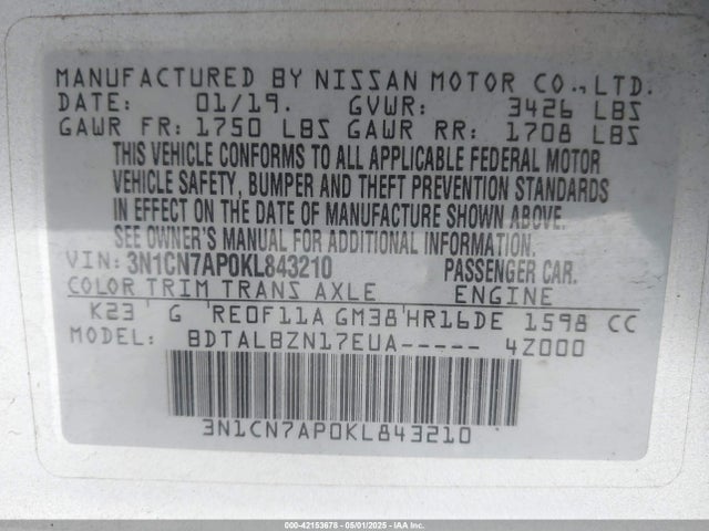 3N1CN7AP0KL843210 Nissan Versa 1.6 Sv