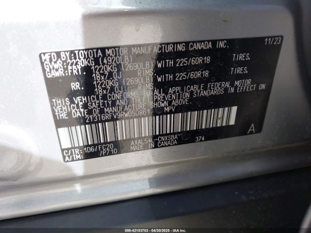 2T3T6RFV9RW050861 Toyota Rav4 Hybrid Se