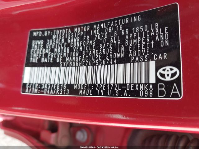 5YFBURHE7GP556744 Toyota COROLLA LE