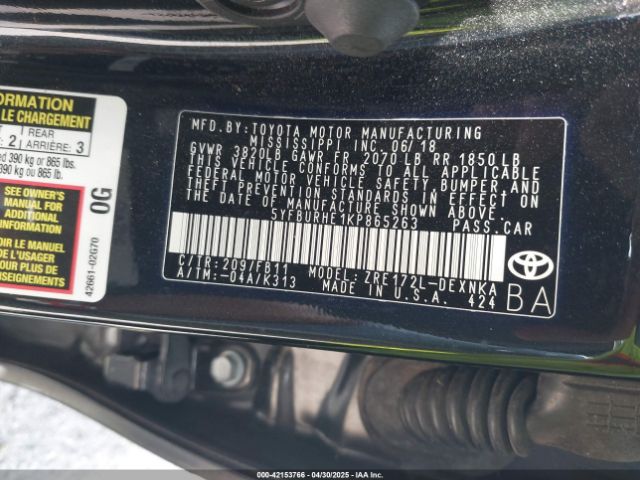 5YFBURHE1KP865263 Toyota COROLLA LE