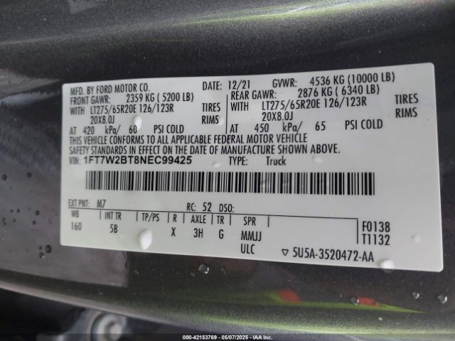 1FT7W2BT8NEC99425 Ford 2022