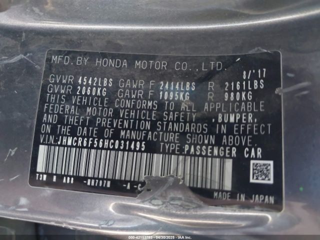 JHMCR6F56HC031495 Honda Accord Hybrid Ex-l