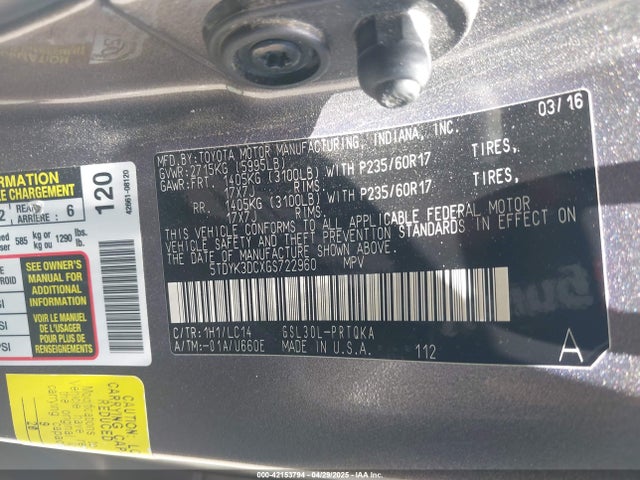5TDYK3DCXGS722960 Toyota Sienna Xle 8 Passenger