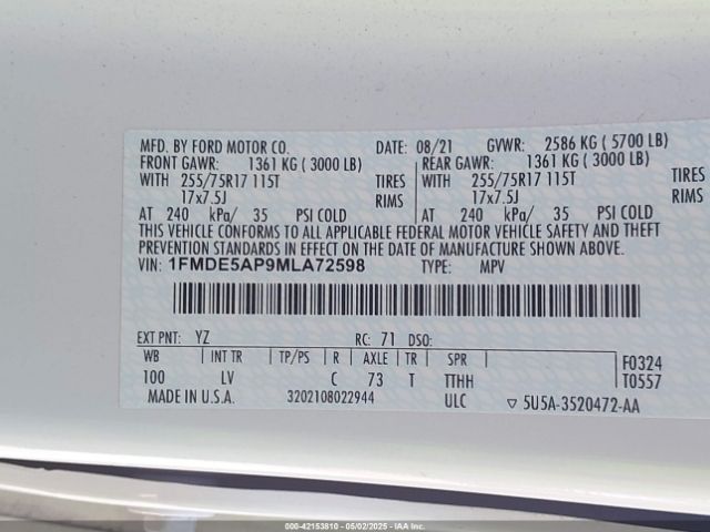 1FMDE5AP9MLA72598 Ford Bronco Big Bend