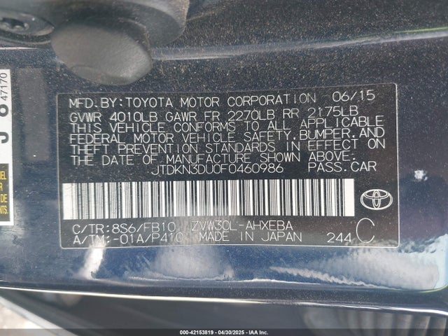 JTDKN3DU0F0460986 Toyota Prius Three