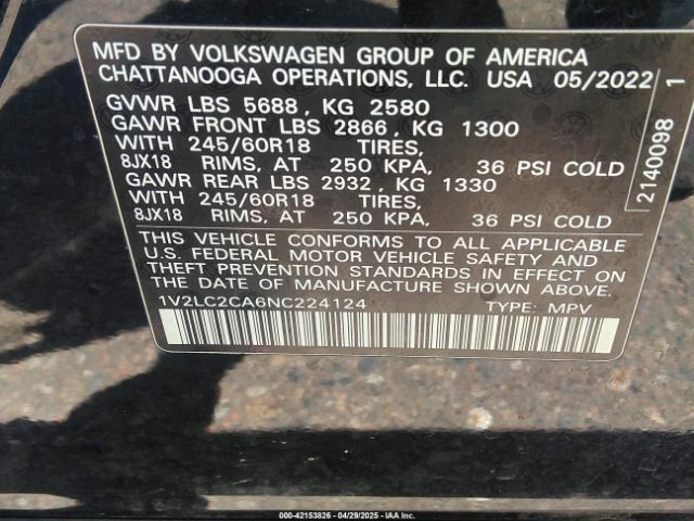 1V2LC2CA6NC224124 Volkswagen Atlas Cross Sport 2.0t Se