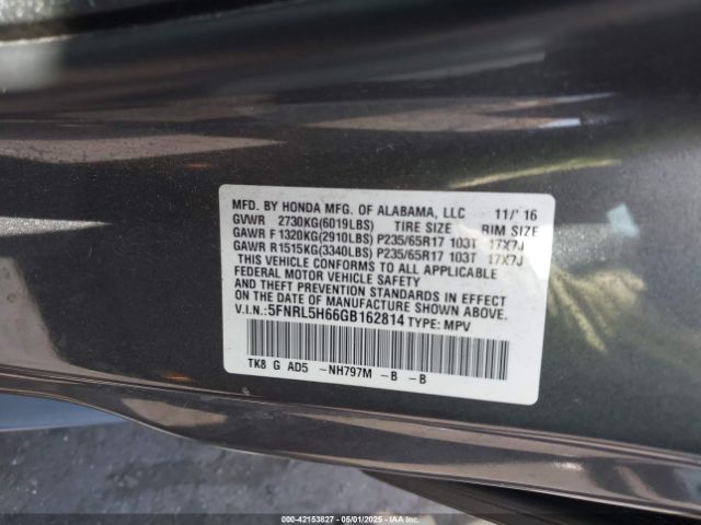 5FNRL5H66GB162814 Honda Odyssey Ex-l