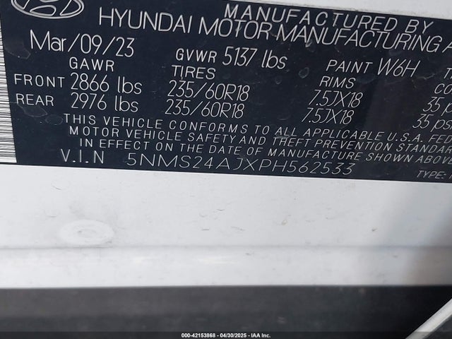 5NMS24AJXPH562533 Hyundai Santa Fe Sel