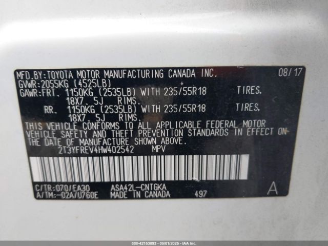 2T3YFREV4HW402542 Toyota Rav4 Limited
