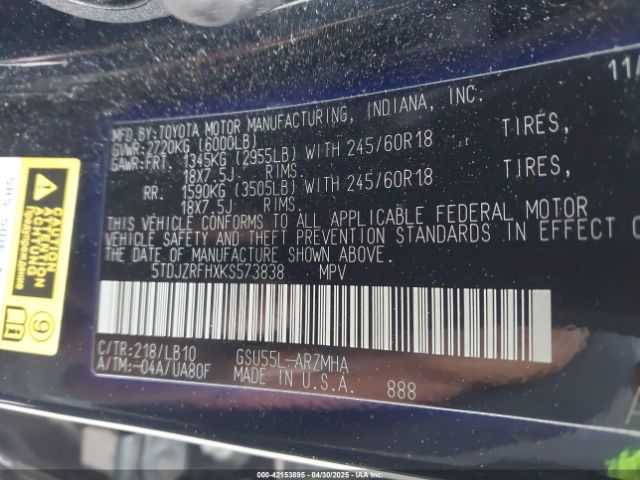 5TDJZRFHXKS573838 Toyota Highlander Xle
