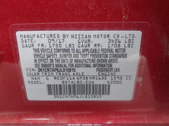 3N1CN7AP6JL815815 Nissan Versa 1.6 Sv