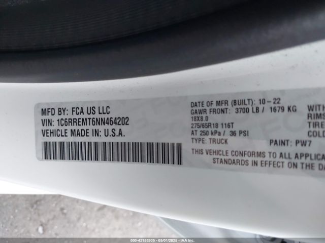 1C6RREMT6NN464202 RAM 1500 Big Horn  4x2 6'4 Box