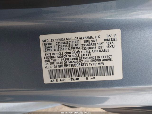 5FNRL5H91EB081811 Honda Odyssey Touring/touring Elite