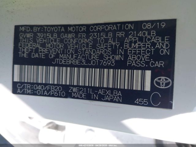 JTDEBRBE3LJ017693 Toyota Corolla Hybrid Le