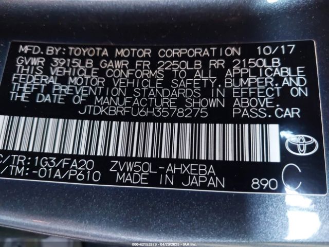 JTDKBRFU6H3578275 Toyota Prius Two