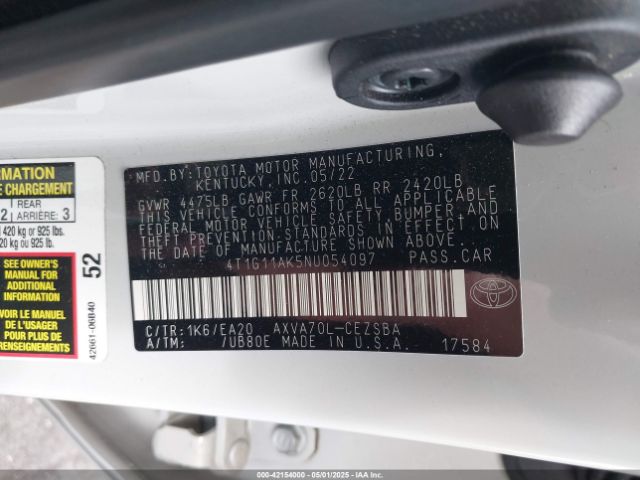 4T1G11AK5NU054097 Toyota CAMRY SE