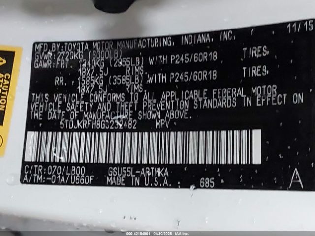 5TDJKRFH8GS232482 Toyota 2gr-fe