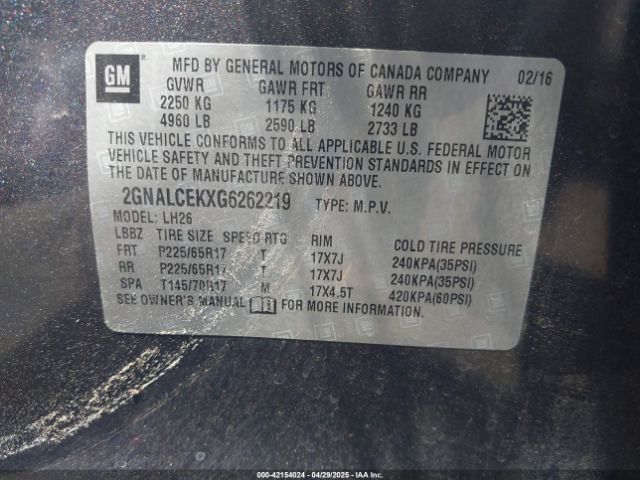 2GNALCEKXG6262219 Chevrolet EQUINOX LT