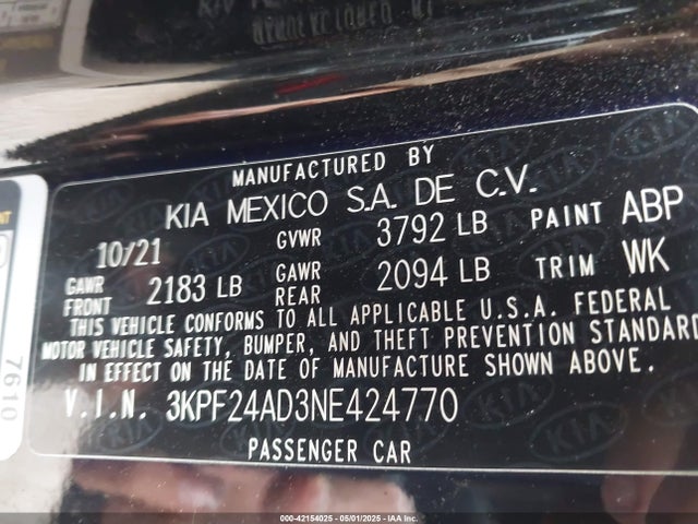 3KPF24AD3NE424770 KIA mpi nu