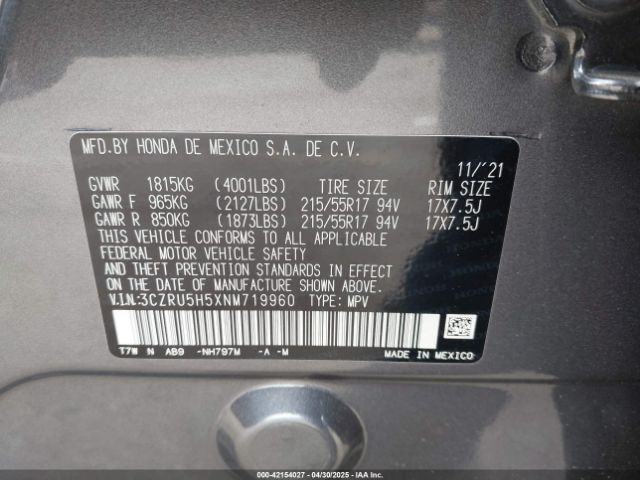 3CZRU5H5XNM719960 Honda Hr-v 2wd Ex