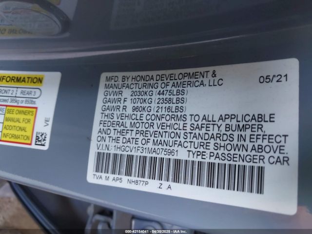 2021 HONDA ACCORD 1HGCV1F31MA075961 Photo 8