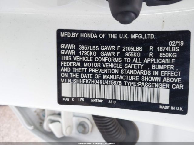 SHHFK7H94KU415678 Honda l15ba