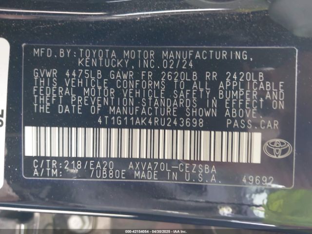 4T1G11AK4RU243698 Toyota CAMRY SE