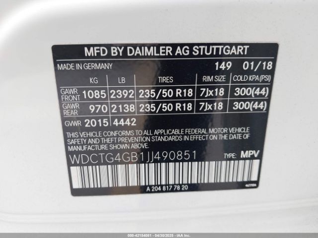 WDCTG4GB1JJ490851 Mercedes-Benz Gla 250 4matic