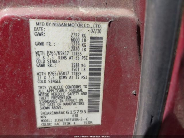 2010 NISSAN PATHFINDER 5N1AR1NN4AC615795 Photo 8