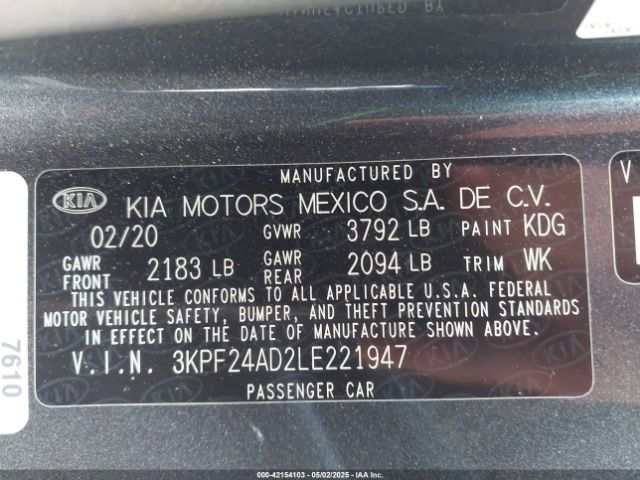 3KPF24AD2LE221947 KIA Forte Lxs