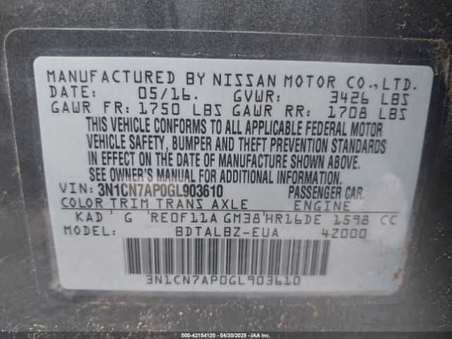 3N1CN7AP0GL903610 Nissan Versa 1.6 Sv