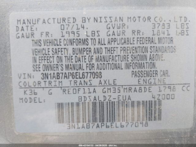 3N1AB7AP6EL677098 Nissan Sentra Fe+ S/fe+ Sv/s/sl/sr/sv