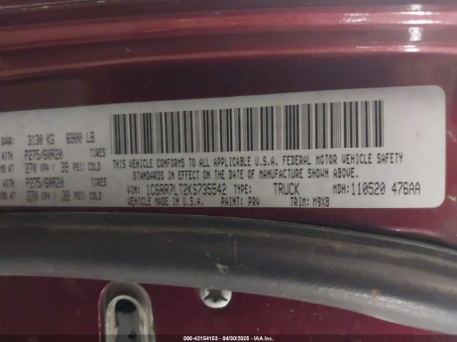 1C6RR7LT2KS735542 RAM 1500 Classic Big Horn  4x4 5'7 Box